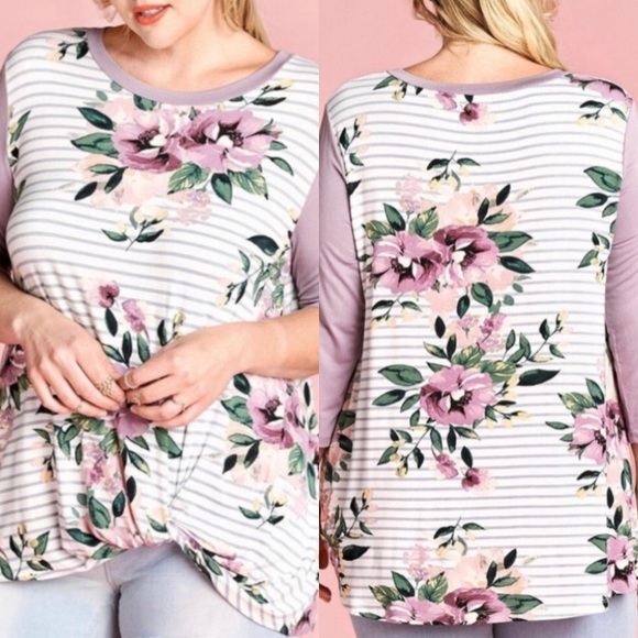 ODDY Tops - Plus Size Stripe Tee 3/4 Lavender